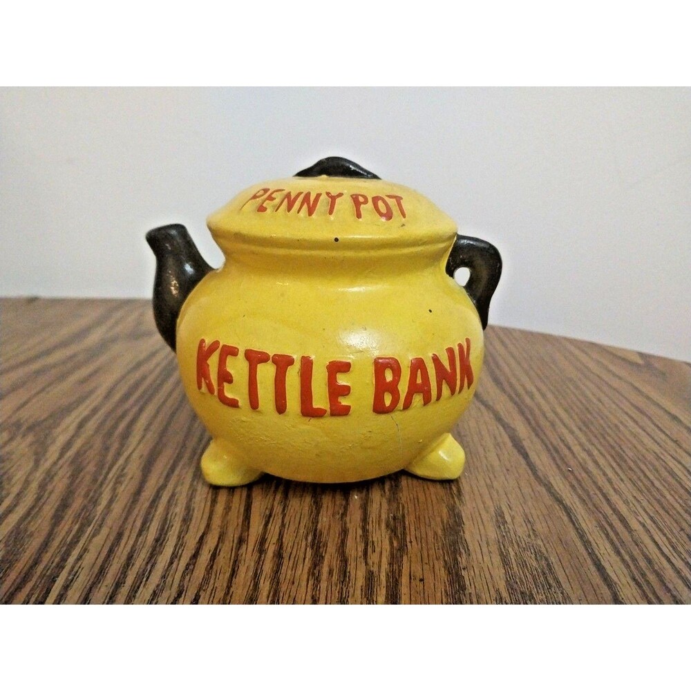 Vintage Penny Pot Yellow Kettle Coin Bank - Ceramic See Description